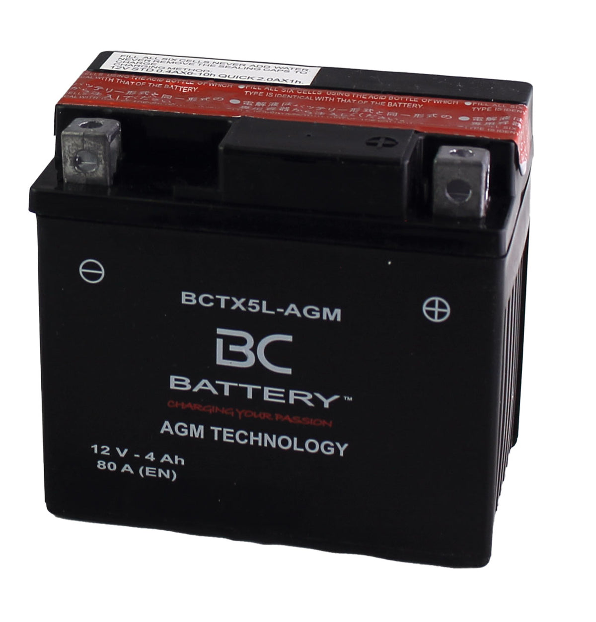 BCTX5L-AGM | Batterie moto AGM , YTX5L-BS, 12 V, 4 Ah, CCA : 80 A, 113 x 70 x 105 mm