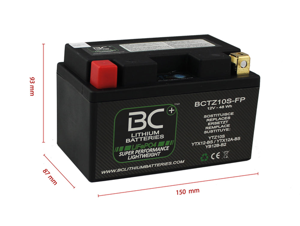 BCTZ10S-FP Batterie lithium-ion LiFePO4 pour moto, YTZ10S, 12 V, CCA 240 A, 150 x 87 x 93 mm