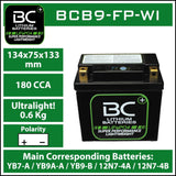 BC Lithium Batteries BCB9-FP-WI Batteria Moto al Litio LiFePO4, 0,6 kg, 12V, HJB9-FP-SWI / YB7-A / YB9A-A / YB9-B / 12N7-4A / 12N7-4B / 12N9-4B-1 / HVT-9 - BC Battery Italian Official Website